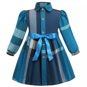 A blue dress with a bow on the waist.