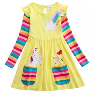 A yellow dress with rainbow sleeves and unicorn patches.
