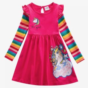 A pink dress with rainbow sleeves and unicorn on it.