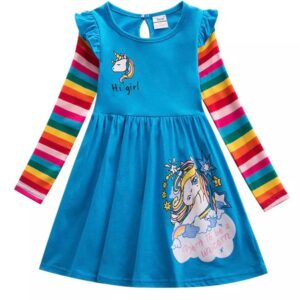 A blue dress with rainbow sleeves and unicorn on it.