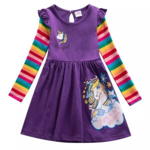 A purple dress with rainbow sleeves and unicorn on it.
