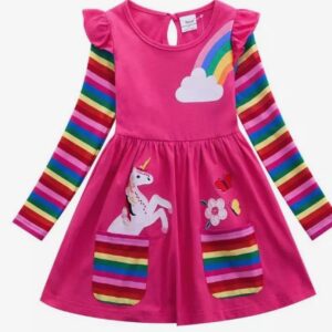 A pink dress with rainbow sleeves and unicorn on it.