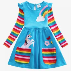A blue dress with rainbow sleeves and unicorn on it.