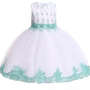 A white and green dress with lace trim