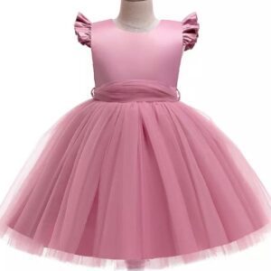 A pink dress with a bow on the waist.
