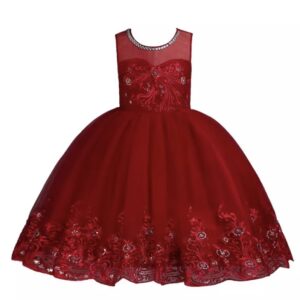 A red dress with a lace and sequins trim.