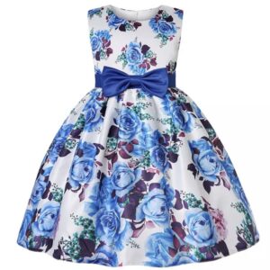 A blue and white floral dress with a bow