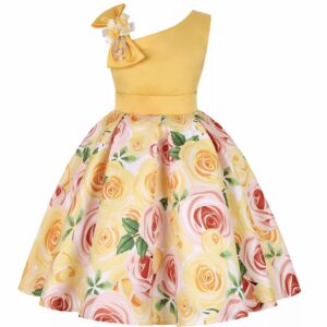 A yellow dress with roses on it