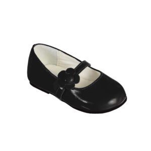 A black shoe with a flower on the side of it.