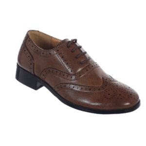 A brown shoe with black sole and laces.