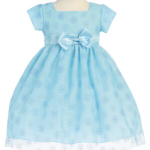 A blue dress with white polka dots and bow.